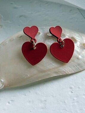 New Sweet Red Two‑Heart Dangle Earrings Romantic Women’s Fashion Earrings